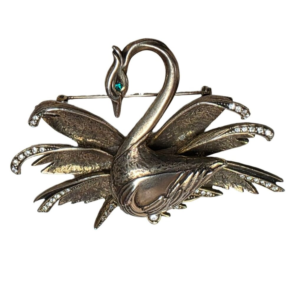 Vintage Swan Brooch Rhinestones Figural Bird Pin Mid Century Statement Gold-Tone - Picture 13 of 15